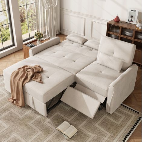 Divano letto 3 posti beige in ciniglia, schienale regolabile e seduta estraibile (1/5)