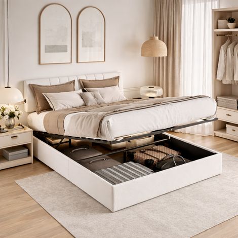 Lit Coffre 140x200 avec Sommier à Lattes et 2 USB, Lit Double capitonné 140x200 avec Tête de Lit réglable en Hauteur et Rangement Caché, Lits 2 Personnes Cadre de lit en Bois, sans Matelas