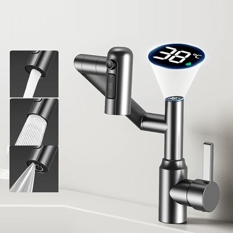 JSSEVN - Modern Grey Stainless Steel Bathroom Kitchen Sink Faucet, Hot and Cold Water Supply, Three Water Spray Modes (1/5)