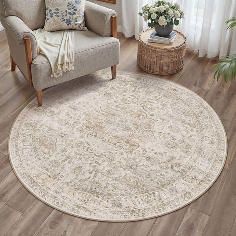 Beige Vintage Tapis Salon 120cm Rond Lavable en Machine Chambre Adulte Rugs,Descente de Lit Carpets,AntidéRapant,Chambrel Mangerded Carpet,Interieur Doux Poil Ras (1/5)