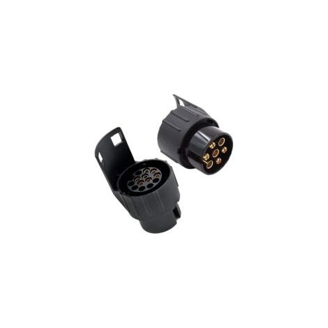Si tratta di un set di due adattatori da 13 a 7 pin, conformi agli standard ISO 11446 e ISO 1724, adatti per sistemi a 12V per rimorchi. È un connettore di collegamento tra rimorchio e autovettura per