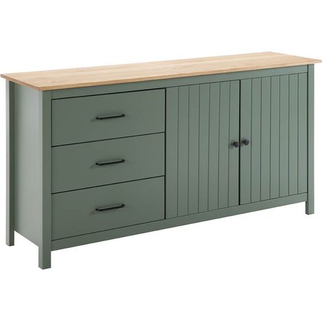 Altobuy – Buffet bas 2 portes 3 tiroirs en pin massif ciré vert – Dimensions 150 x 40 x H80cm – Style classique pour intérieur moderne (1/5)