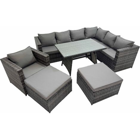 Fimous Rattan garden furniture Patio Furniture Sets with Dining Table Chair 2 Big Stools Dark Grey Mixed (1/5)