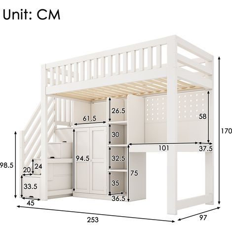 Lit mezzanine enfant 90x200 cm blanc sans matelas. Bureau,armoire et étagères intégrées,ports USB-C,économe d’espace.