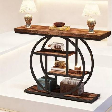 REDOM - Tavolo da pranzo 105x30x80 cm, 4 livelli sfalsati, piedini regolabili, metallo e legno, nero e marrone rustico (1/5)