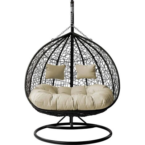 Chaise suspendu Comfivo Audos, Noir + Crème, 200x132x120cm, Tissu, Métal, Osier plastique