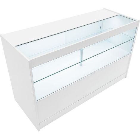 Mostrador Comercial con Luz LED C1500  MDF Color Blanco y Vidrio Templado  150x60x90cm  3 estantes  Puertas con cerradura  Ideal para tiendas y comercios  Fácil Montaje  Mostrador Recepción Expositor