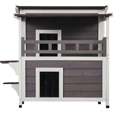 Maison pour chat extérieur en bois, 2 étages, abri imperméable pour chats sauvages, avec balcon, portes à clapet PVC et toit ouvert, 76x76x81 cm. (1/5)
