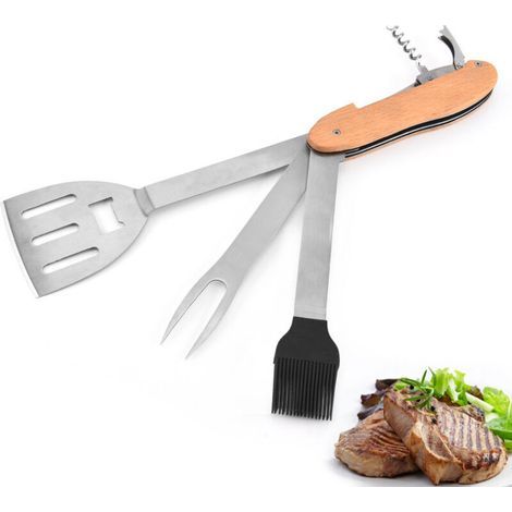 5-in-1 BBQ utensil set, including a multifunctional fork and oil tongs. (1/4)