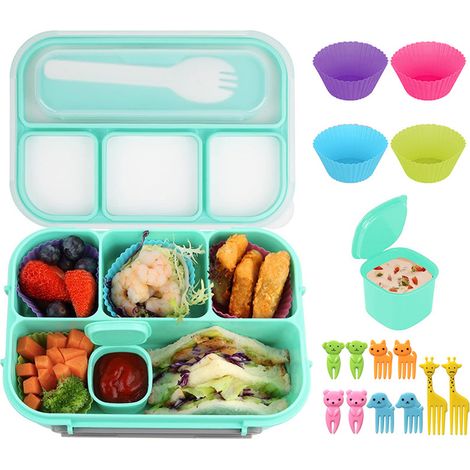 Bento-Lunchbox mit 4 Fächern, Soßenbehälter, Besteck, Snackspieße und Muffinformen für die Schule.