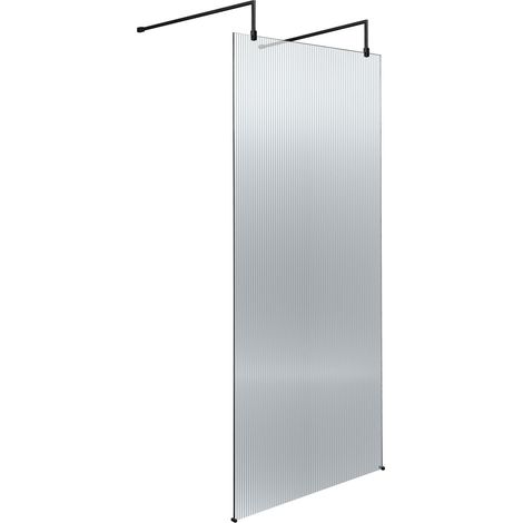 Balterley Shebdon Contemporary Bathroom 8mm Fluted Glass Wetroom Screen with Arms & Feet, 2091 x 770 x 1000mm, Matt Black