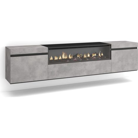 Meuble TV Banc Télé Grand Espace de Rangement 200x45x35cm pour Les TV jusqu'à 80" Cheminée électrique Suspendu, Mural Style Moderne Ciment (1/5)