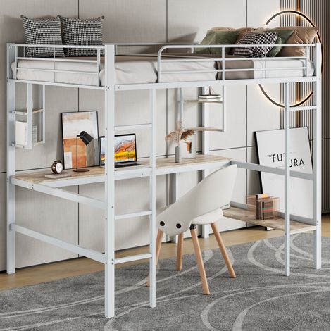 Hochbett Metall Weiß 90x200 cm mit Schreibtisch, Bücherregal und 4 Regalen (1/5)