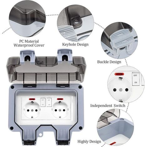 Prise Exterieure Etanche IP66 Double Prise de Courant et Volet de Protection Multiprise Electrique Murale de Jardin, Prise Anti-Poussière et Coupe-Vent avec Interrupteur, Voyant Lumineux (1/5)