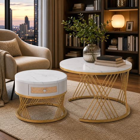 2 in 1 Runder Couchtisch aus MDF, Beistelltisch mit Tischplatte aus Marmor und Schubladen aus Kunststoff-Rattan, Griffe aus Massivholz. goldene Eisenfüße. 707045,5+505038,5cm (1/5)