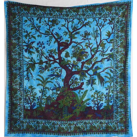 Ästhetischer Wandbehang „Baum des Lebens“, kleiner türkisfarbener Wandteppich – 130 x 150 cm, psychedelische Baumwolltapete (1/4)