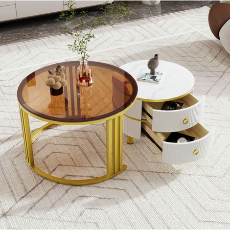 Tavolino da salotto rotondo 2 in 1 in MDF e vetro, 2 cassetti, bianco e oro HAVRYA (1/5)