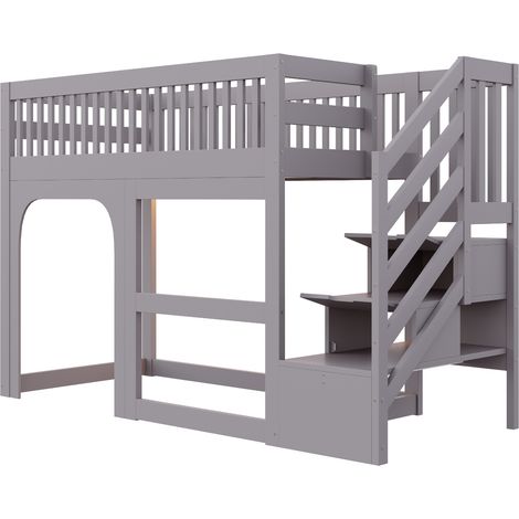 Letto a soppalco bambino 90 x 200 cm grigio con scala contenitore, LED, sponde e rete (1/5)