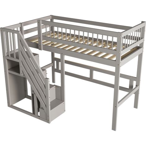 Cama alta infantil 90 x 200 cm gris con escalera de almacenaje, madera (1/5)