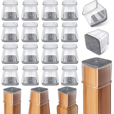 Protectores cuadrados para patas de silla - 24 unidades - Fundas de silicona transparente - Con fieltro - Aptos para patas de 26-38 mm (1/5)