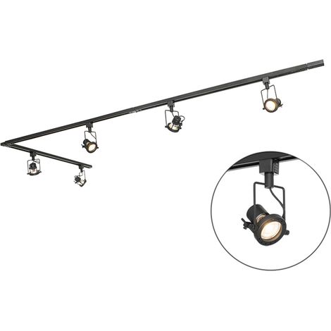 QAZQA Industrial Sistema de rieles industrial negro con 5 focos monofásicos - Suplux Aluminio /Acero /Plástico Alargada Adecuado para LED Max. 5 x 50 Watt (1/5)
