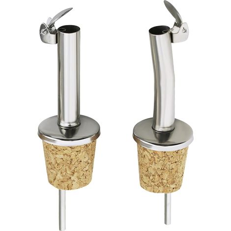2 versatori, uno a bocca dritta e uno a bocca curva, per olio d'oliva, liquori/olio/aceto per bottiglie, con tappo in sughero naturale e linguetta in acciaio inossidabile (1/5)