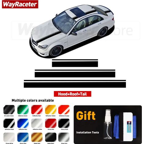 (Capot, toit, hayon - Blanc brillant) Autocollant à bandes imitation fibre de carbone, édition 507, pour portes, côtés, capot, toit, hayon. Convient aux Mercedes-Benz Classe C W204, C63 AMG et S204. (1/4)