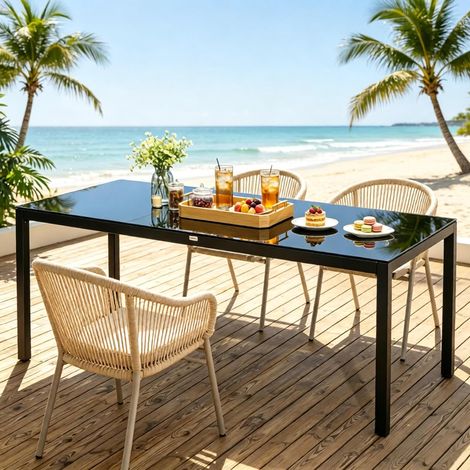 DESMIU Table à manger extérieure rectangulaire 8 personnes avec plateau en verre trempé, pieds réglables, pour jardin, en aluminium et verre, noir, 180 × 80 × 72 cm (1/4)