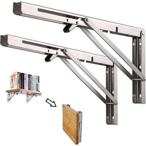 Equerre Pliable, 2 Pcs Support d' étagères Pliants en Acier Inoxydable, Console Equerre, Tablette Pliante Murale Pour Etagere Murale Banc de Table Avec Bras de Dégagement Court(350mm)Argenté (1/5)