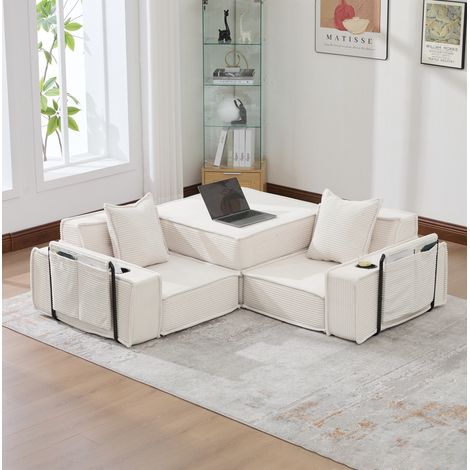 Canapé lounge 162x78x66 cm beige en velours côtelé avec coussins et poches de rangement (1/5)