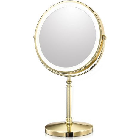 JIAJIEFANG 20cm Goldfarbener Kosmetikspiegel mit integrierter Beleuchtung, USB-Ladefunktion, 10-facher Vergrößerung, einstellbarer Hintergrundbeleuchtung und freistehendem Standfuß. (1/5)