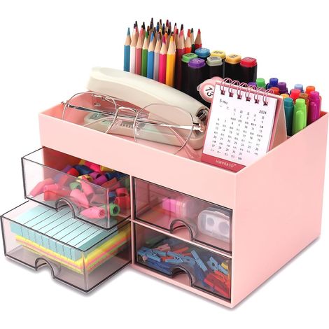Organisateur de Bureau - 1 Unité - Plastique ABS - 4 Tiroirs Transparents - Rangement Papeterie et Maquillage - Rose (1/5)