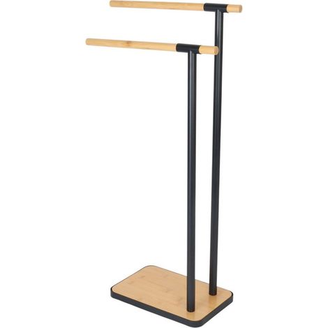 1 Porte-serviettes, 2 barres, acier et bambou, noir et nature, sans perçage, salle de bain (1/5)