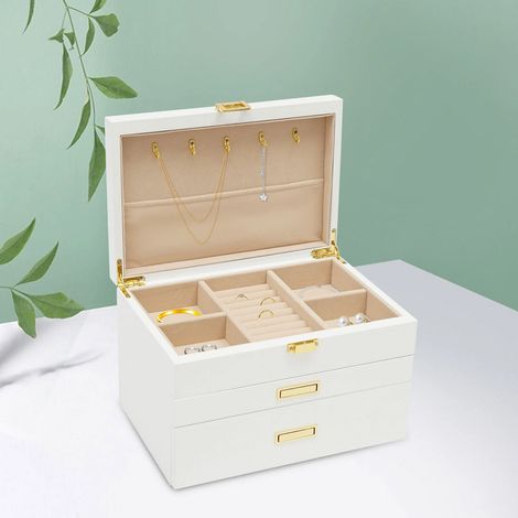 3 Schicht Schmuckkästchen Holz Schmuckschatulle Geschenke Schmuckbox Rechteckig Schmuckkoffer, Plüsch Futter, Anti-Rutsch Pads, Für Schmuck (Farbe : Weiß)