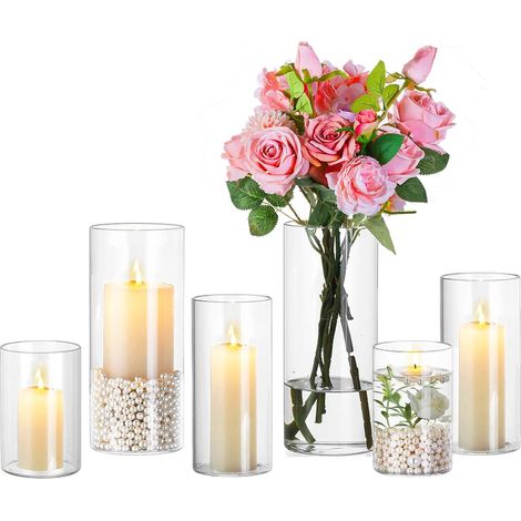 Photophore en verre pour décoration de table : lot de 6 vases en verre cylindriques grands bougeoirs pour décoration de mariage, bougeoirs en verre de 3 mm d'épaisseur pour bougies pour (1/5)