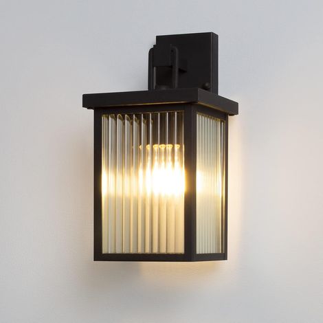 Applique Murale Exterieur Lanterne en Verre Nervure avec Douille E27 Lampe Rectangle Éclairage d'extérieur pour Jardin Couloir Entrée Salon, Métal Enduit de Poudre, Noir (1/5)