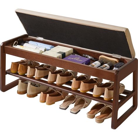 Banc de Rangement à Chaussures en Bois, Étagère à Chaussures à 2 Niveaux avec Rangement, Étagère de Rangement pour Chaussures de 100 cm pour Entrée, Salon, Couloir, Couleur Noyer (1/5)