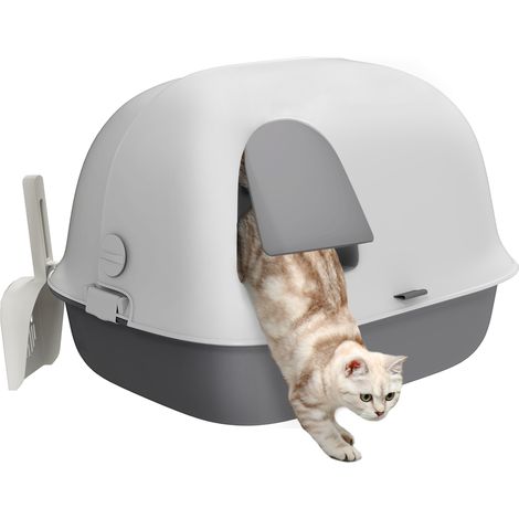 Bac à litière pour chat maison de toilette chat avec porte pelle toit avant ouvrant 58 x 46 x 39 cm gris clair et blanc