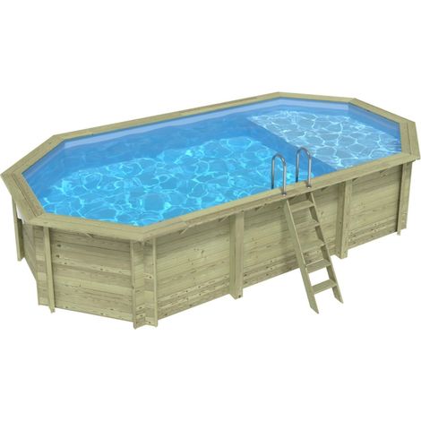 Piscina in legno NEMO 7.3 x 3.97 – H.1.45 m con spiaggia, azzurro chiaro, con supporti da cementare - BAS7305OSPI+PLA305