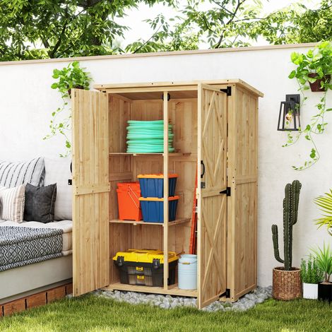 Caseta de jardín, caseta de madera para herramientas y equipos de jardinería, techo de asfalto, puertas dobles, madera de abeto, marrón claro. (1/5)