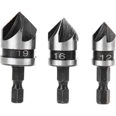3pcs 90 Degrés 5 Flûte Fraises à Chanfreiner Set Pour Bois, Métal Changement Rapide 1/4" Hex Foret à Chanfreiner en Acier au Carbone Outil de Coupe de Chanfreinage de Bois 12/16/19mm (1/5)