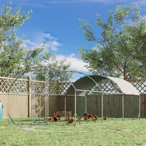 Großer Hühnerstall mit 15,96 m² Auslauf aus Drahtgeflecht, UV-beständigem Dach und abschließbarer Tür, 2,8 x 5,7 x 1,97 m, silber
