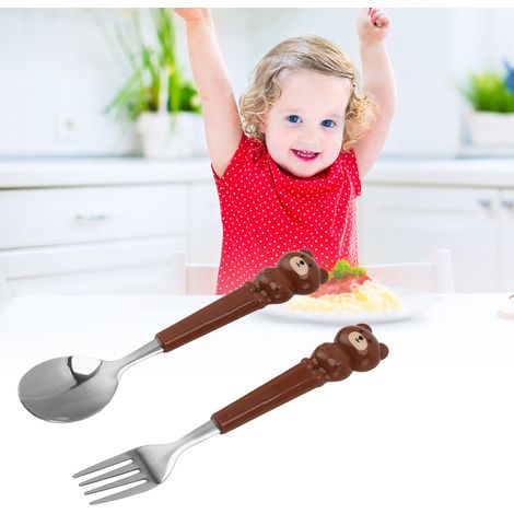 Cuillères et fourchettes en acier inoxydable pour manger, couverts à motifs d'ours de dessin animé (1/5)
