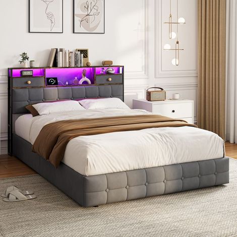 Cama lit 140x200 cm con cofre de almacenamiento y somier, Cama doble 140x200 cm con iluminación LED, Cama para adultos de metal, Terciopelo (1/5)
