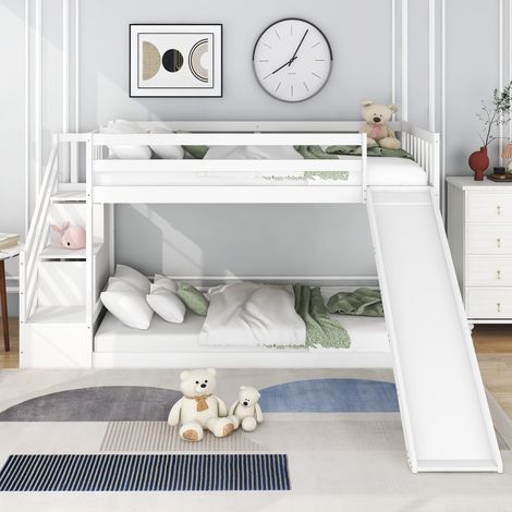 Etagenbett 90x200cm Kinderbett mit Treppe und Rutsche, mit 2 Schubladen und Lattenrost, Gestell aus massivem Kiefernholz, weiß (1/5)