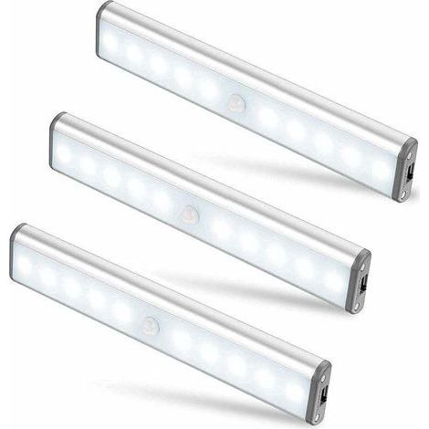 Lot de 3 Lampes 10 LED, Sans Fil, Rechargeable par USB, Aimanté, Détecteur de Mouvement, 2 Modes d’Éclairage, Portable. Lumière de Placard, Baladeuse de Secours, Veilleuse Enfant, Appoint (1/5)