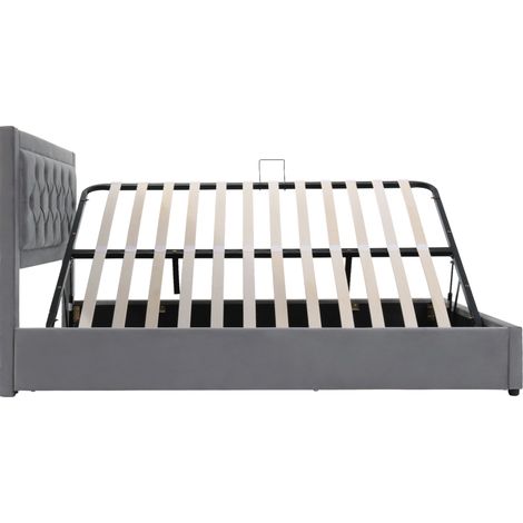 Cama con almacenaje capitoné 140x200 cm gris con estructura de acero y somier de láminas (1/5)