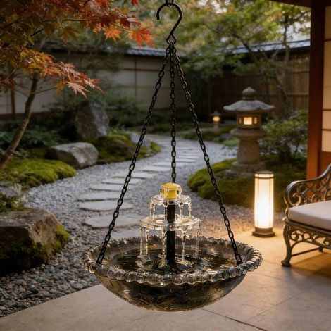 Bain d'oiseaux suspendu avec fontaine solaire – Abreuvoir et mangeoire pour oiseaux sauvages – Décoration extérieure pour jardin et terrasse – Gris (1/5)