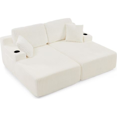 Divano letto relax 2 posti in tessuto effetto corda beige con portaoggetti e portabicchiere (1/5)