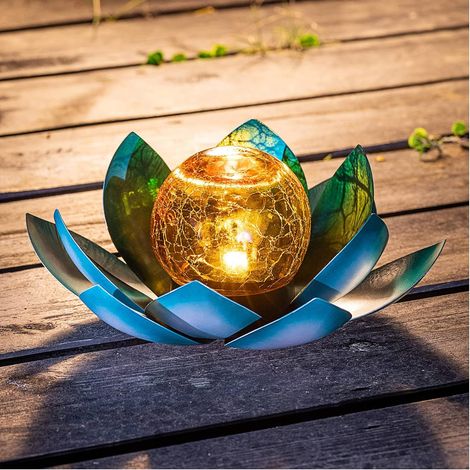 Lanterne solaire décorative en métal et verre pour l'extérieur, lampe de table LED étanche en forme de lotus (1/5)